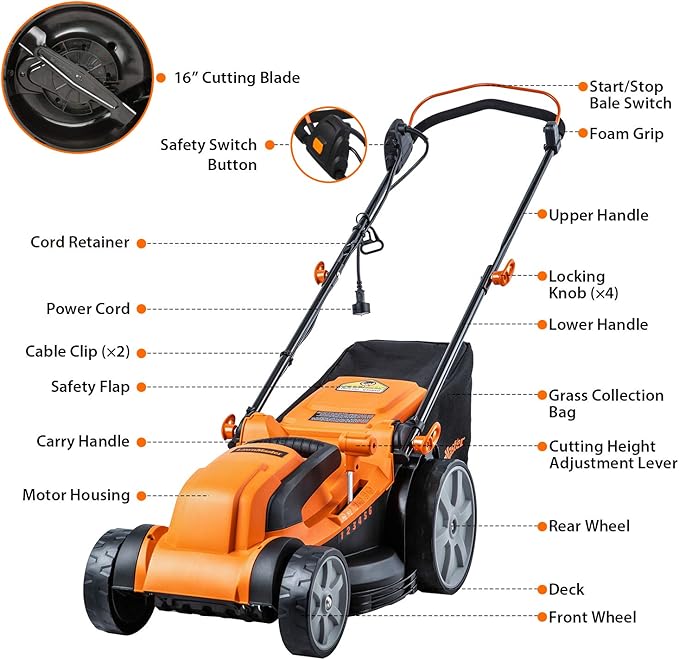 LawnMaster MEB1216K Electric Lawn Mower 16-Inch 12AMP and Yard Master 9940010 Outdoor Garden 120-Foot Extension Cord, Light Duty