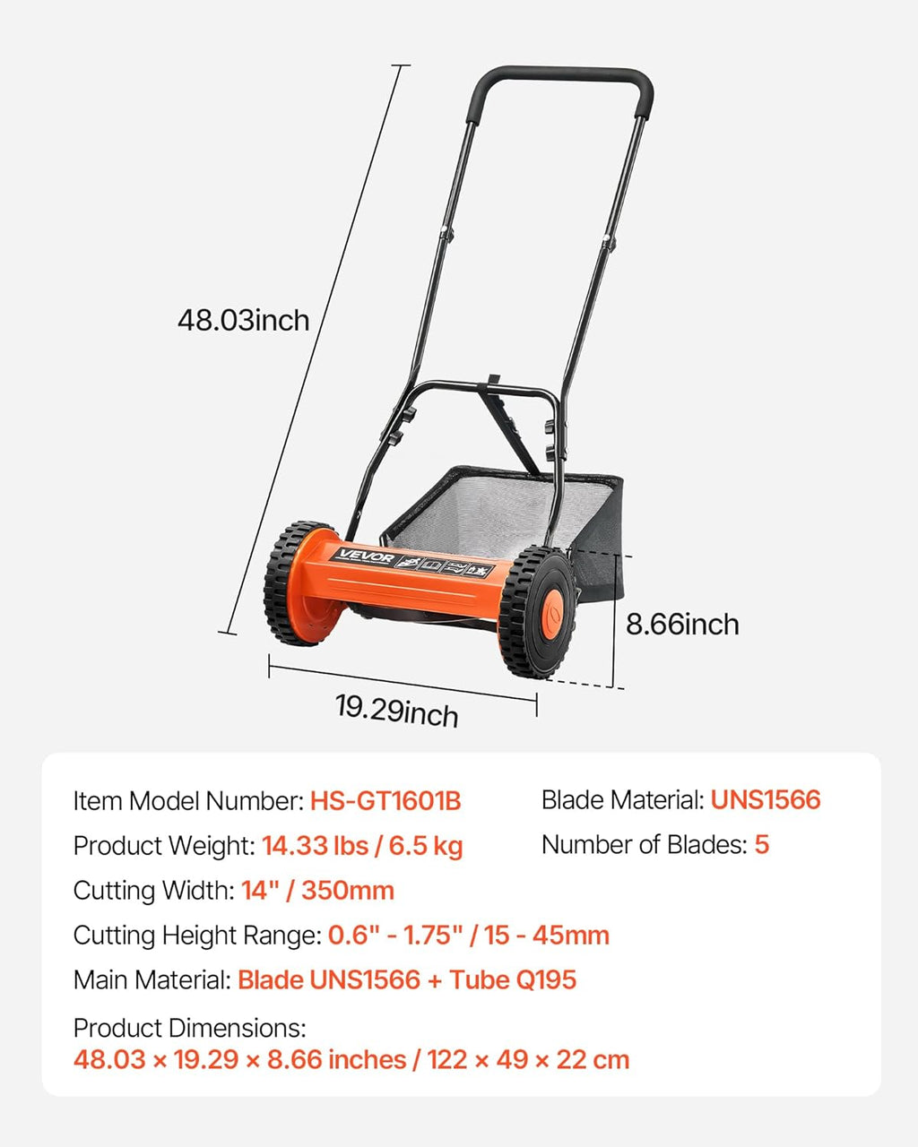 VEVOR Push Reel Lawn Mower 14 inch, 5 Blades Manual Push Mower No Motor, 0.6-1.75 in Adjustable Cutting Height, Walk-Behind Lawn Mowers with Grass Catcher Bag for Green Lawns, Driveways, Courtyards