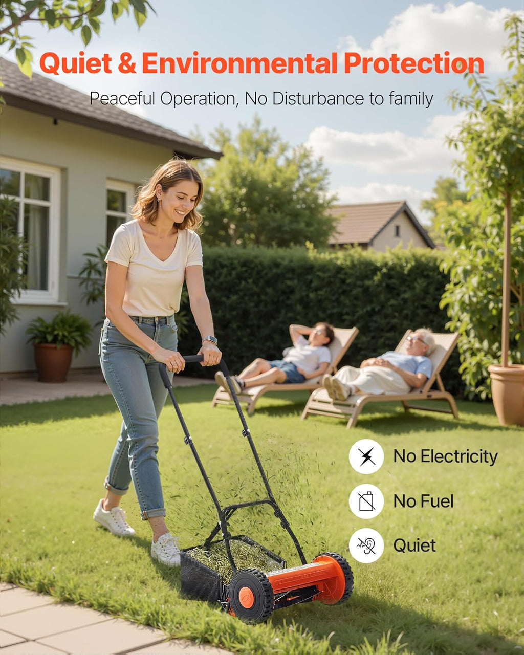 VEVOR Push Reel Lawn Mower 14 inch, 5 Blades Manual Push Mower No Motor, 0.6-1.75 in Adjustable Cutting Height, Walk-Behind Lawn Mowers with Grass Catcher Bag for Green Lawns, Driveways, Courtyards