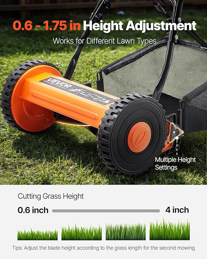 VEVOR Push Reel Lawn Mower 14 inch, 5 Blades Manual Push Mower No Motor, 0.6-1.75 in Adjustable Cutting Height, Walk-Behind Lawn Mowers with Grass Catcher Bag for Green Lawns, Driveways, Courtyards