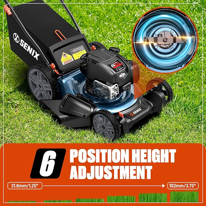 SENIX 21-Inch Gas Lawn Mower | 4 Stroke Push Mower with 163cc B&S EX675 Engine | 3-in-1 Mulching, Bagging & Side Discharge | 6-Position Height Adjustment | 16-Gallon Bagger | LSPG-M8