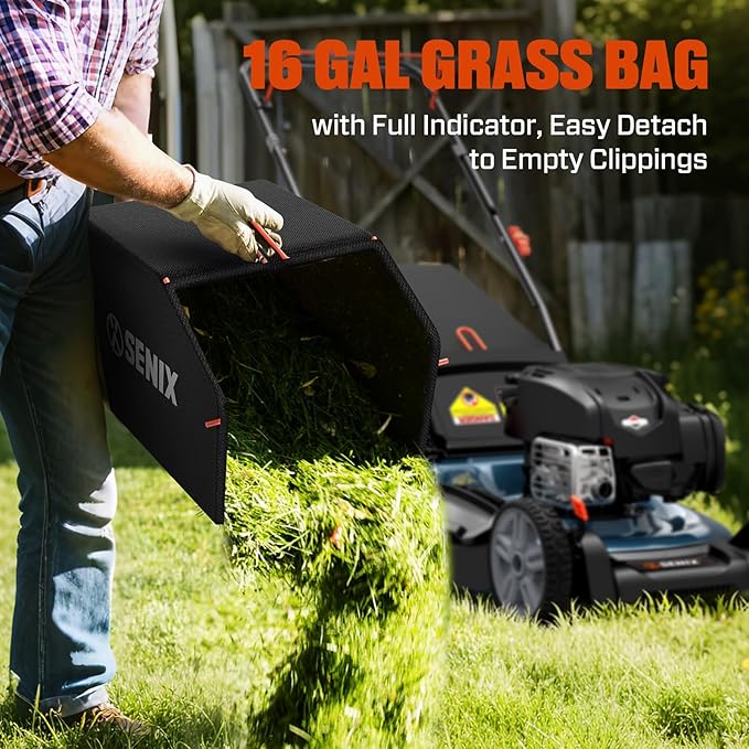 SENIX 21-Inch Gas Lawn Mower | 4 Stroke Push Mower with 163cc B&S EX675 Engine | 3-in-1 Mulching, Bagging & Side Discharge | 6-Position Height Adjustment | 16-Gallon Bagger | LSPG-M8