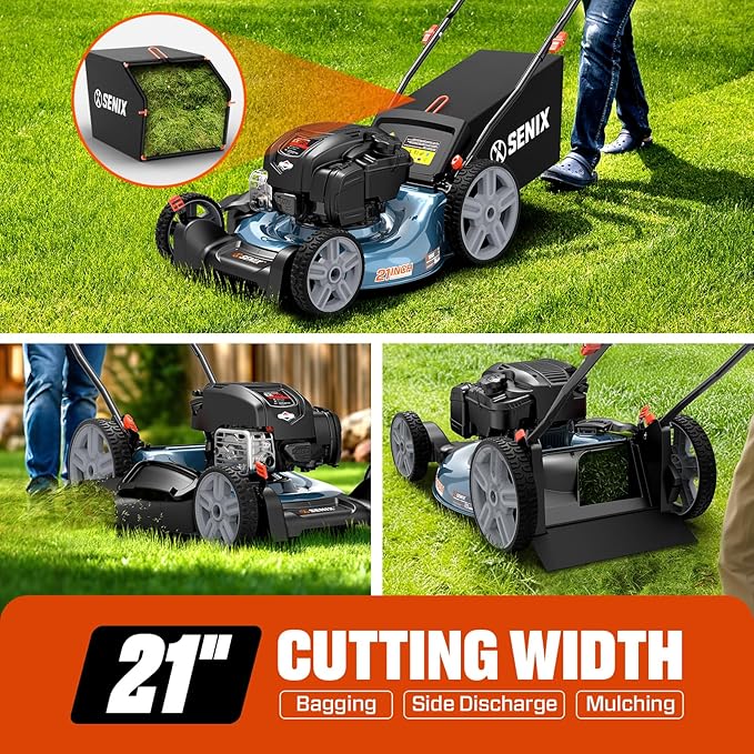 SENIX 21-Inch Gas Lawn Mower | 4 Stroke Push Mower with 163cc B&S EX675 Engine | 3-in-1 Mulching, Bagging & Side Discharge | 6-Position Height Adjustment | 16-Gallon Bagger | LSPG-M8